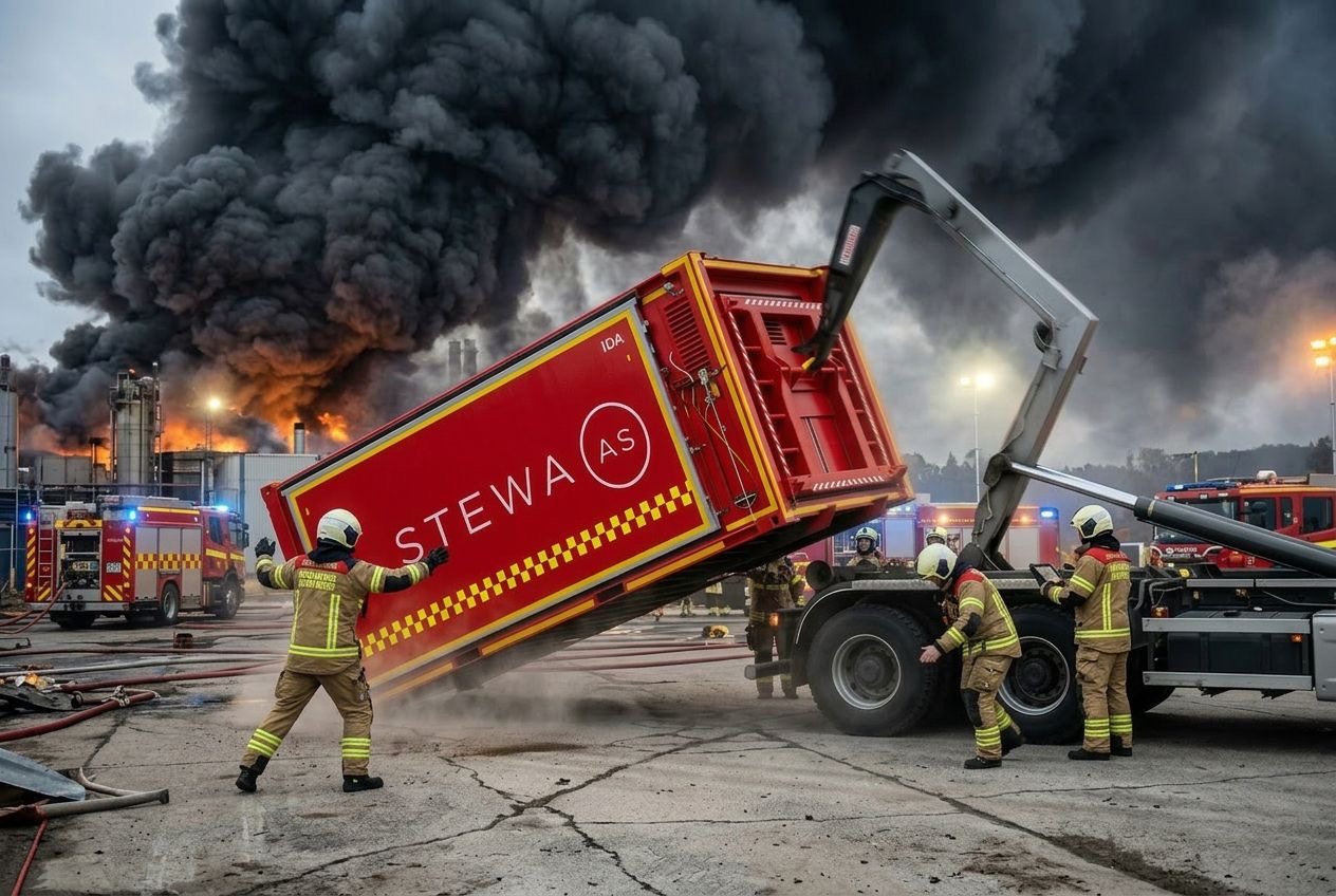 STEWA hook-lift container being deployed by fire and rescue crews at an industrial fire