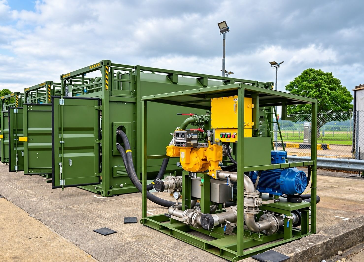 Containerised military fuel system with pump and metering skid