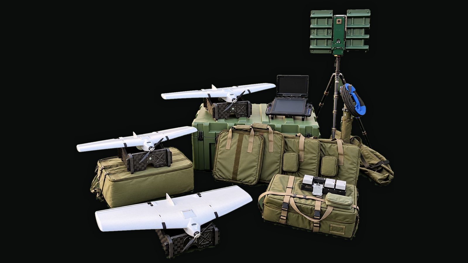 Complete UAV system with fixed-wing aircraft, ground control station and antenna mast, packed in field-ready carry sets
